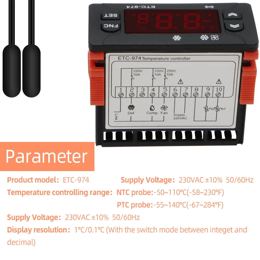 ETC-974 Temperature Controller Refrigerator Defrosting Heating Control Thermoregulator with Dual NTC Sensor 220V 40%off