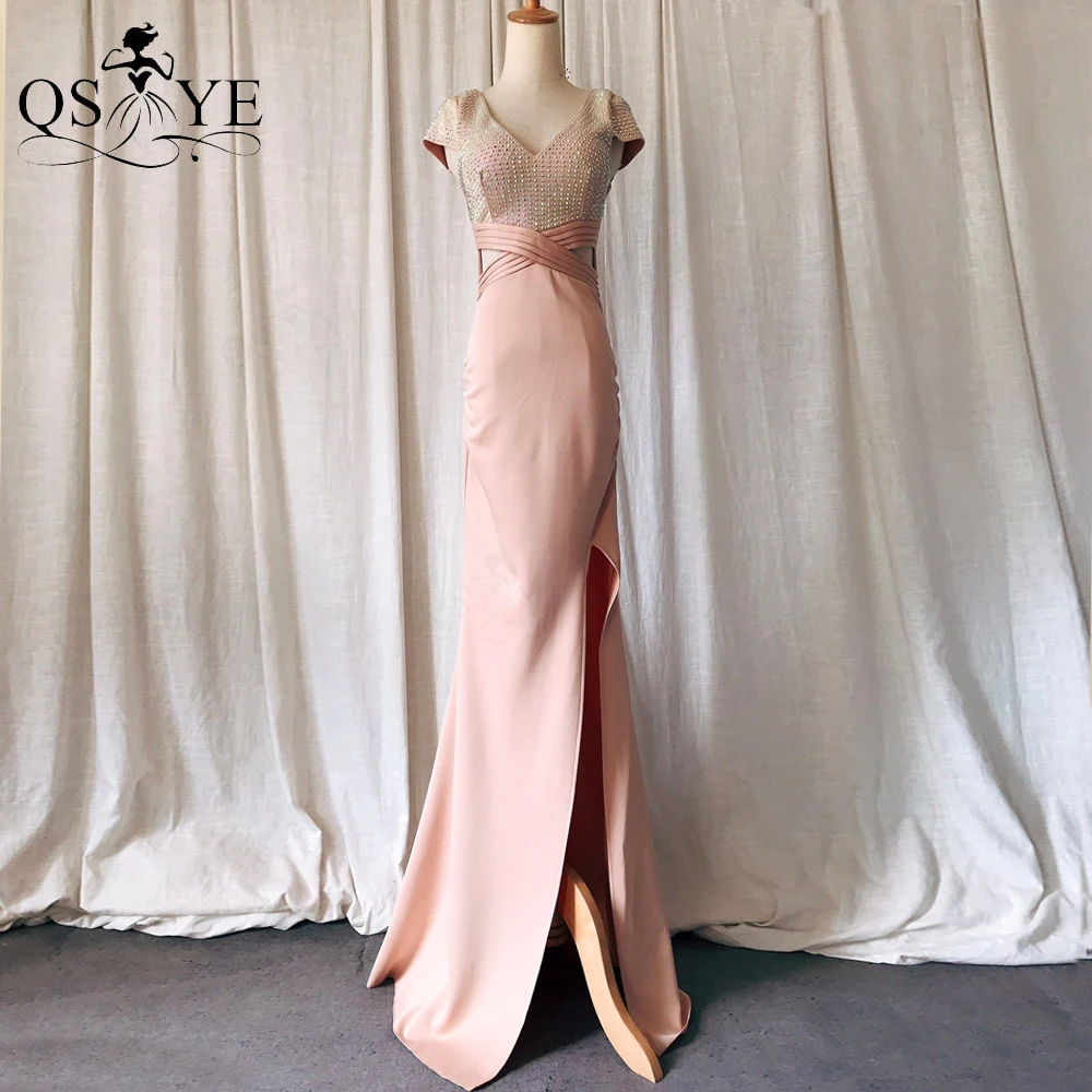 

Cap Sleeves Champagne Prom Dresses Hot Drill Bodice Evening Gown Ruched Slit Party Dress Crisscross Hollow Out Waist Formal Gown