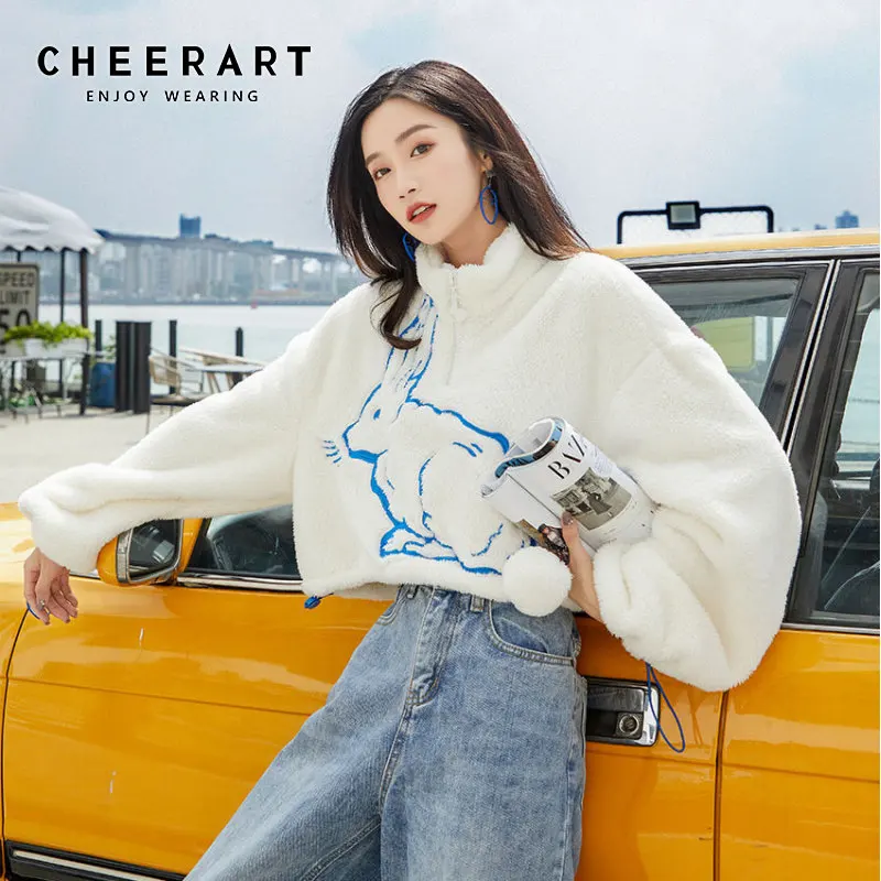 CHEERART Cropped Sweatshirt Women White Rabbit Animal Print Fur Hoodie Loose Zipper Neck Fuzzy Hoodie Winter Crop Top