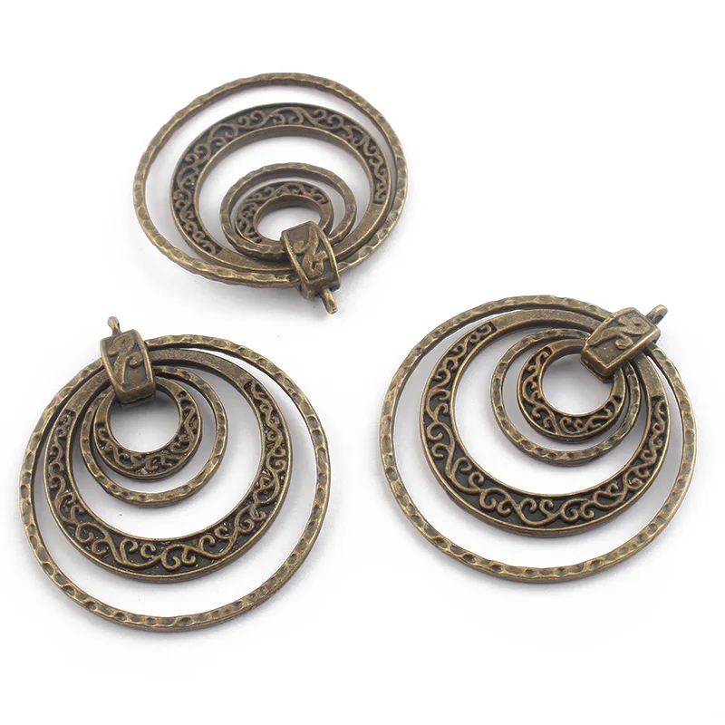 3pcs Antique Brown Color Ethnic Multicircle 4 Circle Moveable Hammered Crafts Pendant For Necklace Jewelry Making Craft 45mm