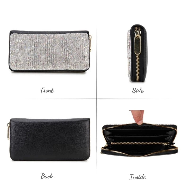 Luxury Color Diamond Genuine Leather Women Long Zipper Coin Purses Black Design Clutch Wallet Female Money Credit Card Holder