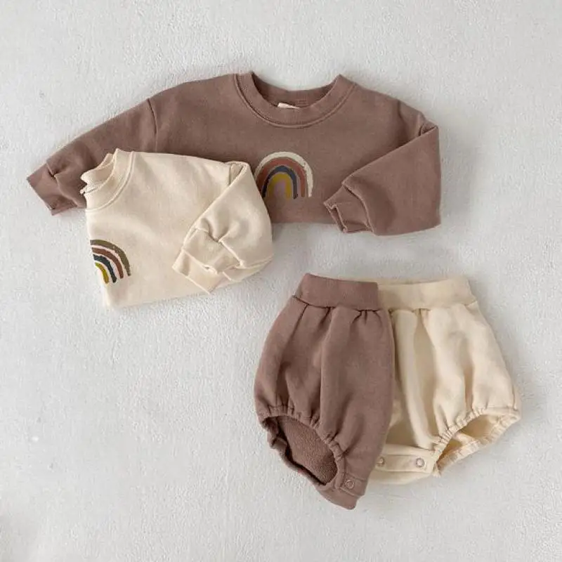 Baby Boys And Girls Rainbow Clothing Set Kids Casual Long Sleeve Rainbow Pullover Sweatshirt Tops + Shorts Children Clothes Set