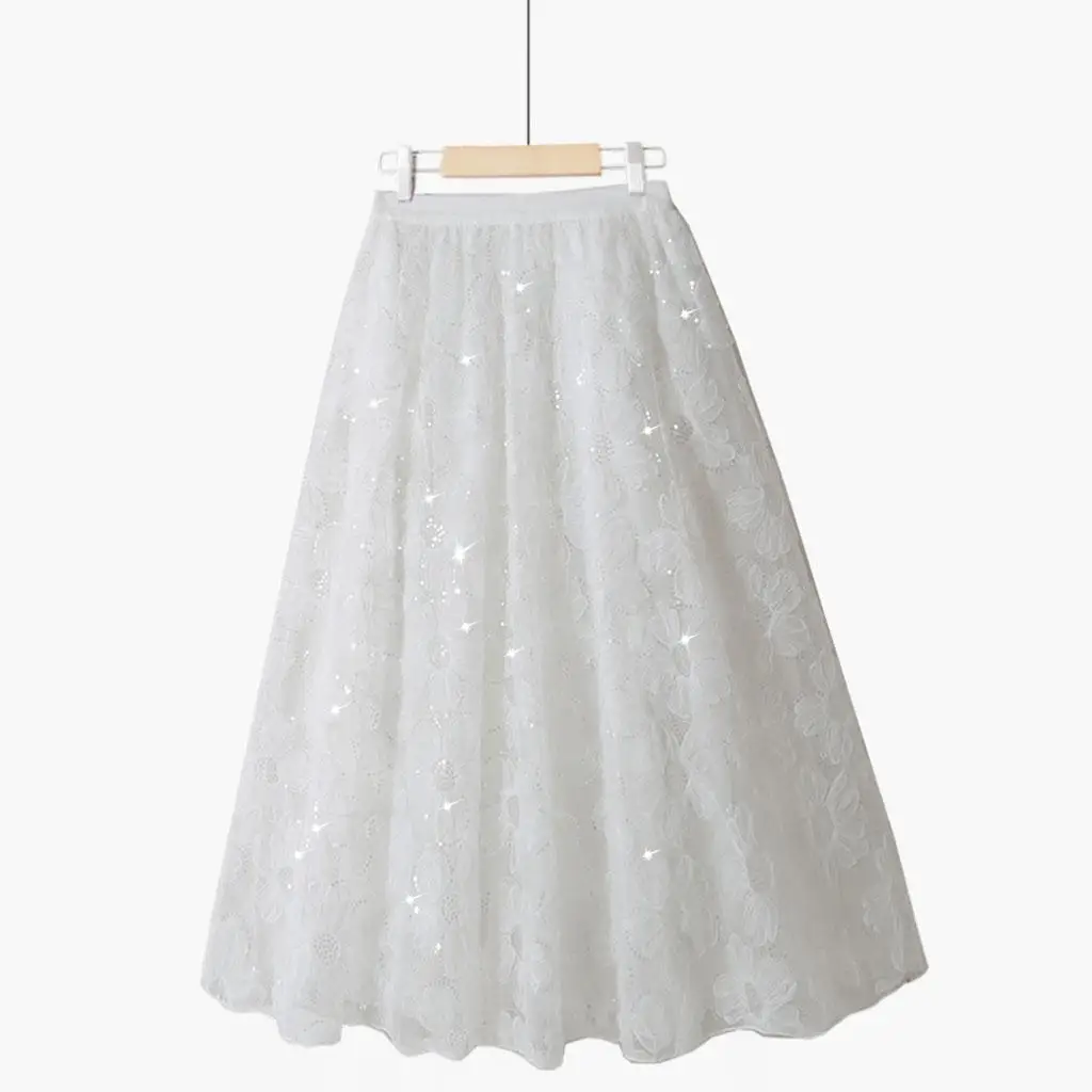 Luxury Woman Skirts 2021 Korean style Fashion Elastic Waist Appliques Embroidery Floral Mesh Skirt Long Gauze Ball Gown Skirt