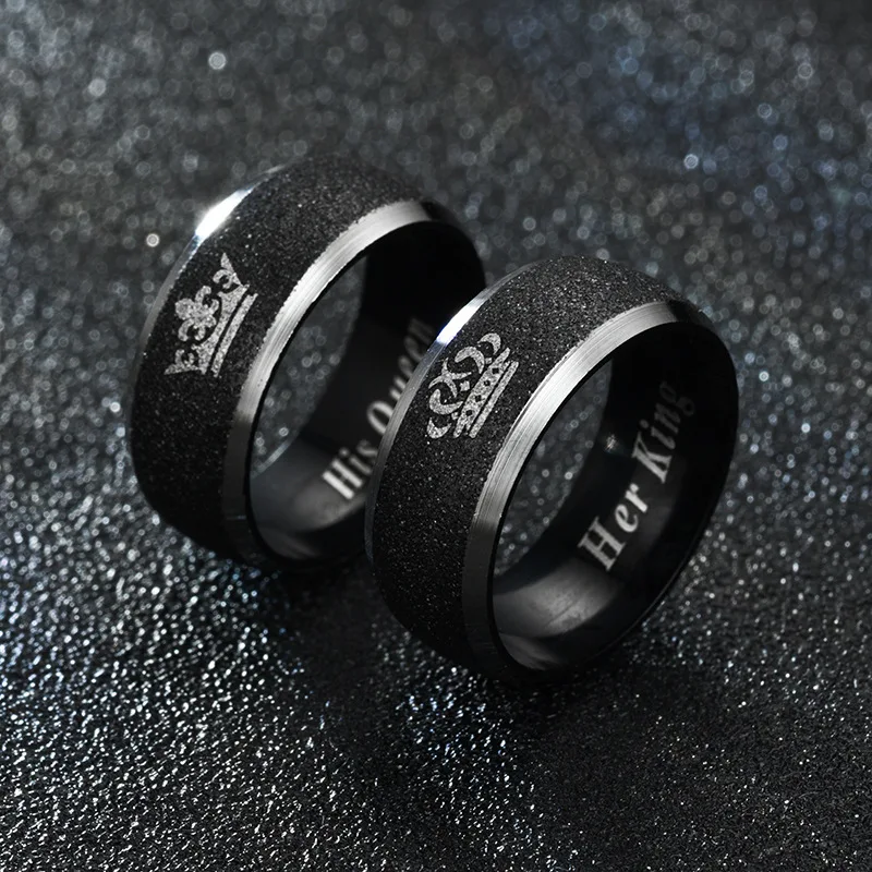 Her King and His Queen Letter Couple Rings For Women Men Crown Black 8MM Stainless Steel Matte Ring Lovers Wedding Jewelry
