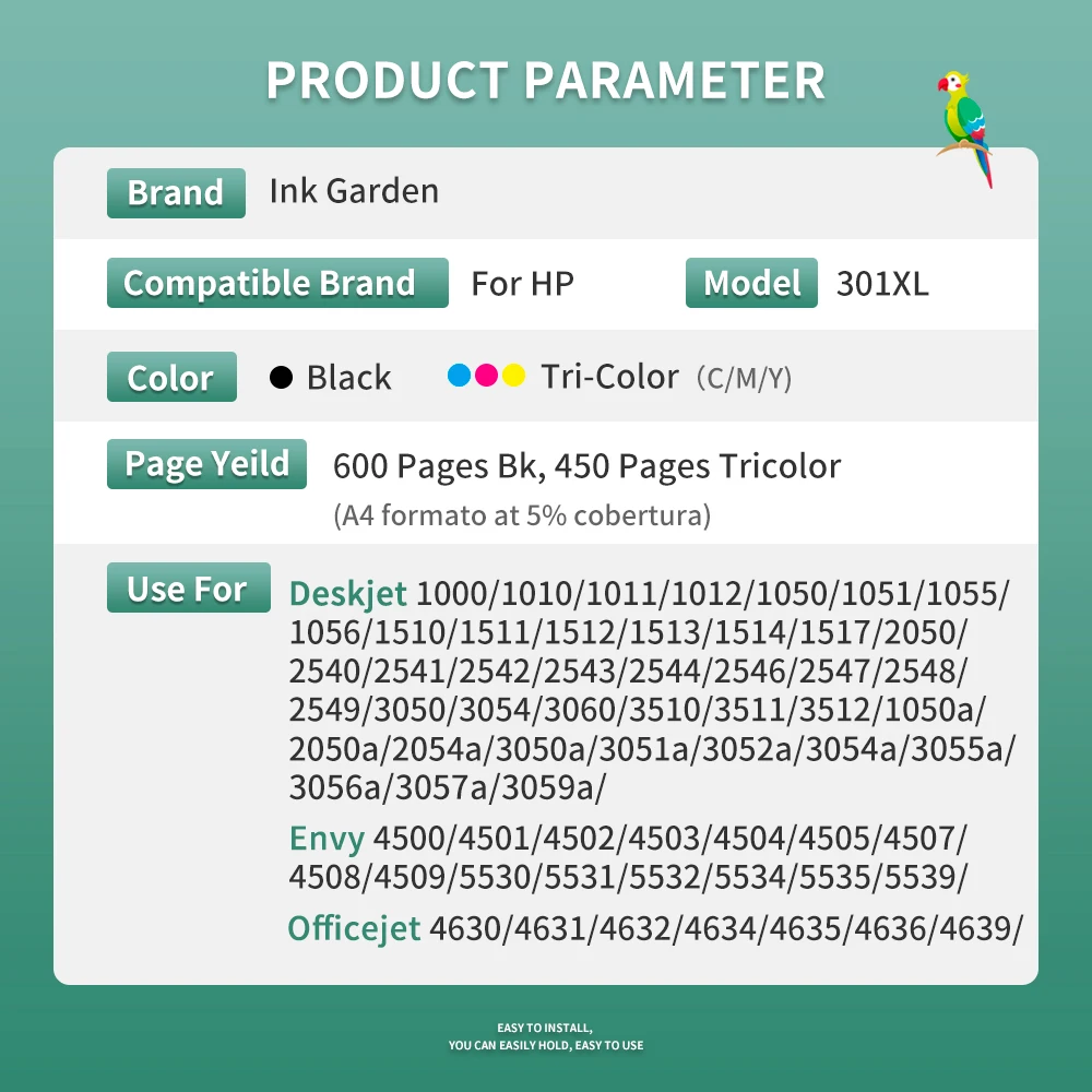 InkGarden 301 XL Ink Cartridge remanufactured For HP301 HP 301XL Deskjet ENVY Officejet 1000 1010 1050 2050 2540 4500 Printer