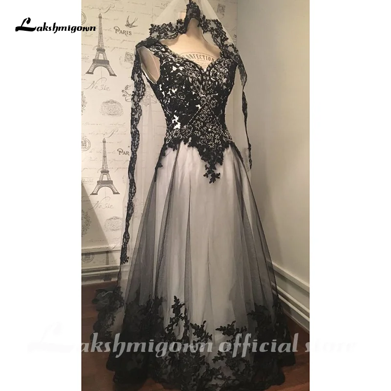 Lakshmigown Gothic Wedding Dress Lace Appliques vestido de noiva Black A Line Wedding Dresses V Neck Sleeveless Wedding Gowns