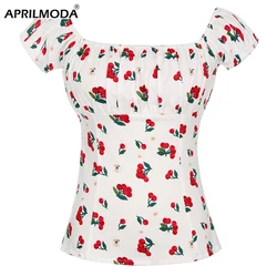 2024 Summer Women Vintage Party Blouse 50s 60s Cherry Print White Cotton Short Sleeve Elastic Neck Tops Women Clothing