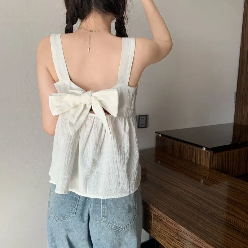 Tanks Women Colorful Trendy Sexy Korean Square Collar Elegant Bow Backless Loose Streetwear Chic Japan Tops Female Mujer Summer