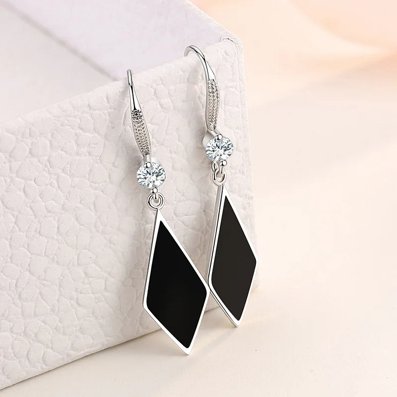 Fashion Black Rhombus Drop Earrings Cubic Zircon Stone Ear Piercing Hook Female Dangle Earring Trendy Wedding Jewelry For Women