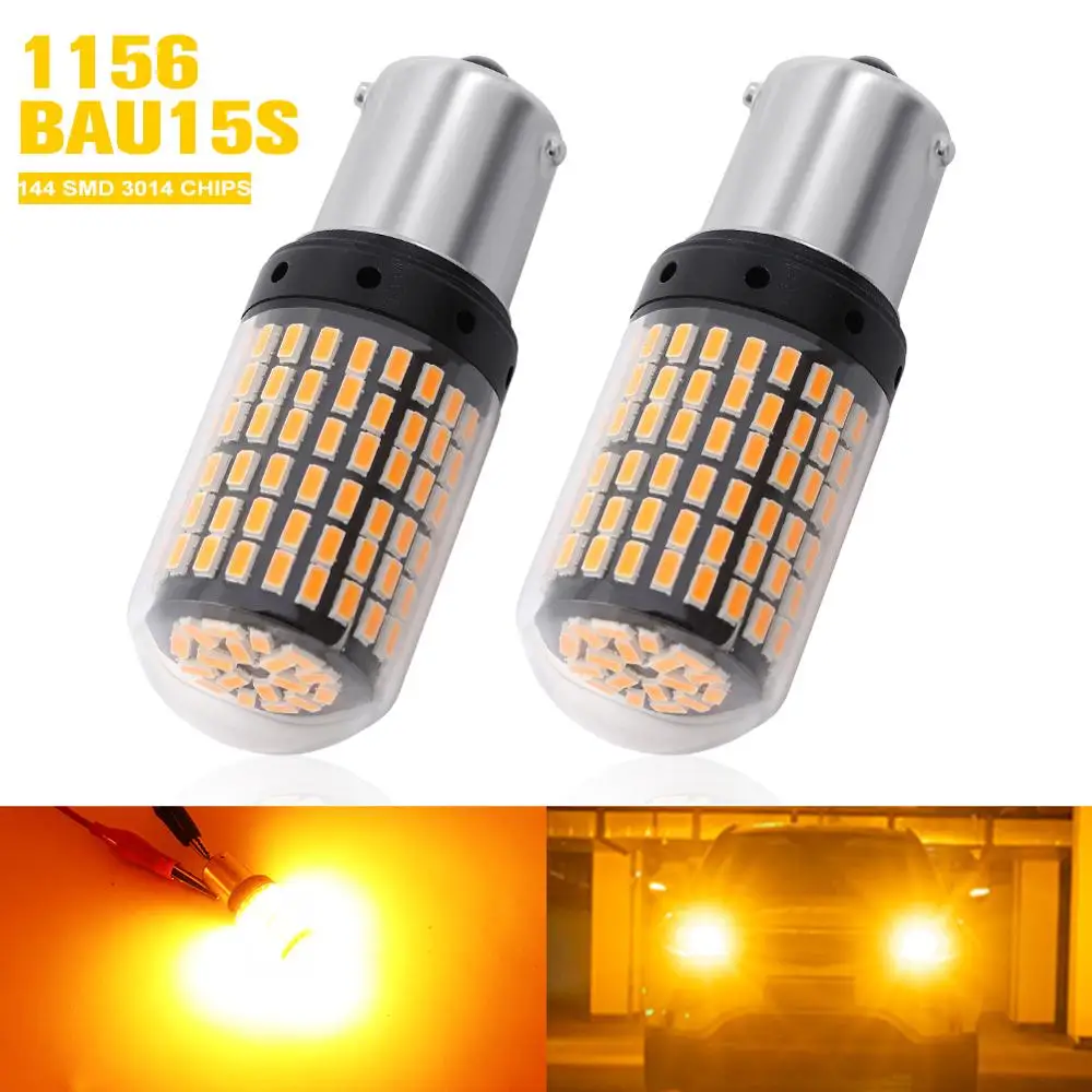 

2pcs 3014 144 SMD Chipsets Led Bulb No OBC Error LED Yellow Lamp For Car 1156 BAU15S PY21W LED Canbus DRL Backup Reverse Light