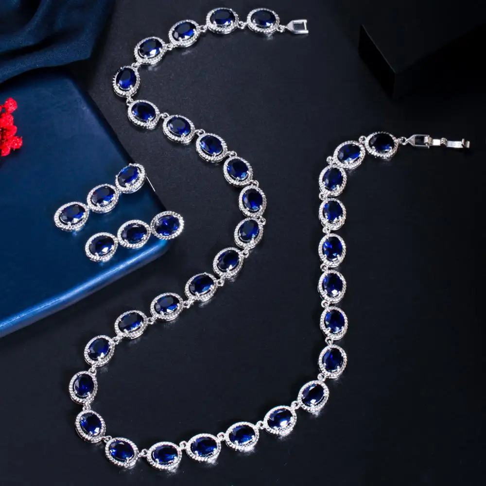 CWWZircons White Gold Color Round Royal Blue Cubic Zircon Crystal Big Necklace and Earrings Jewelry Sets for Women Wedding T481