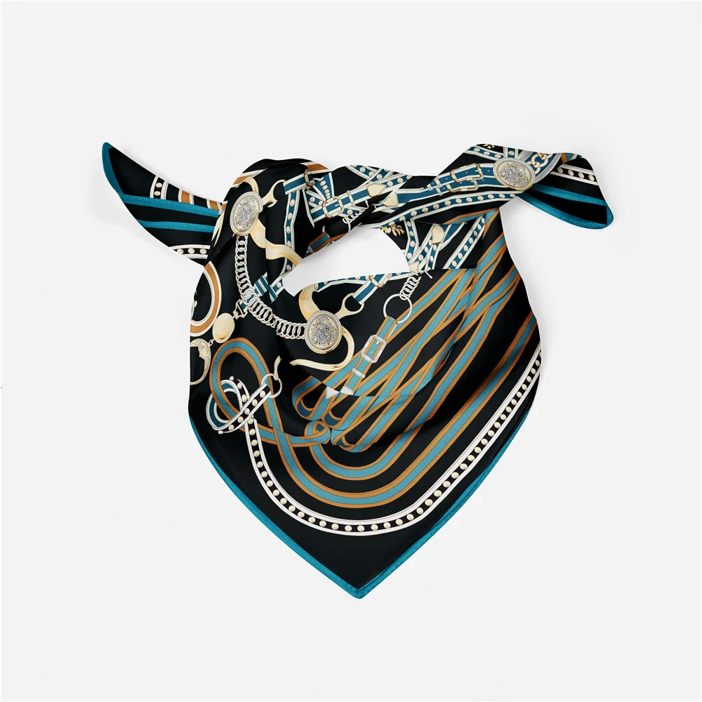 53cm Horse Rope Print Fashion Brand Square Scarf 2024 Design Silk Women Scarf Bandana Luxury Headband Hijab Neckerchief