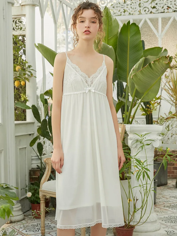 Summer Sleeveless Women Cotton Sleepwear Elegant Female Princess White Gauze Lace Long Nightgowns Loose Sexy Nightwear