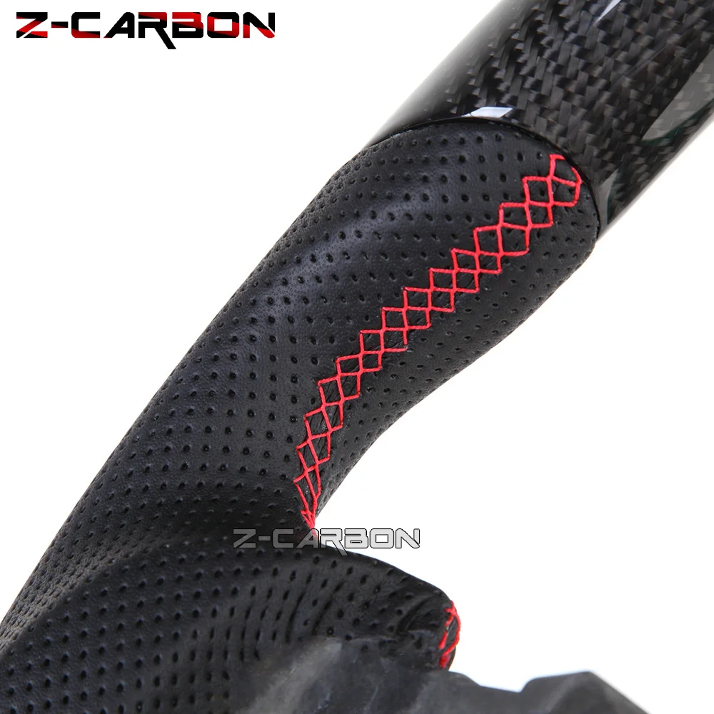 Steering Wheel Carbon Fiber For FJ Land Cruiser 2004-2017 Steering Wheel Perforated Leather Flat Bottom Red Stitching