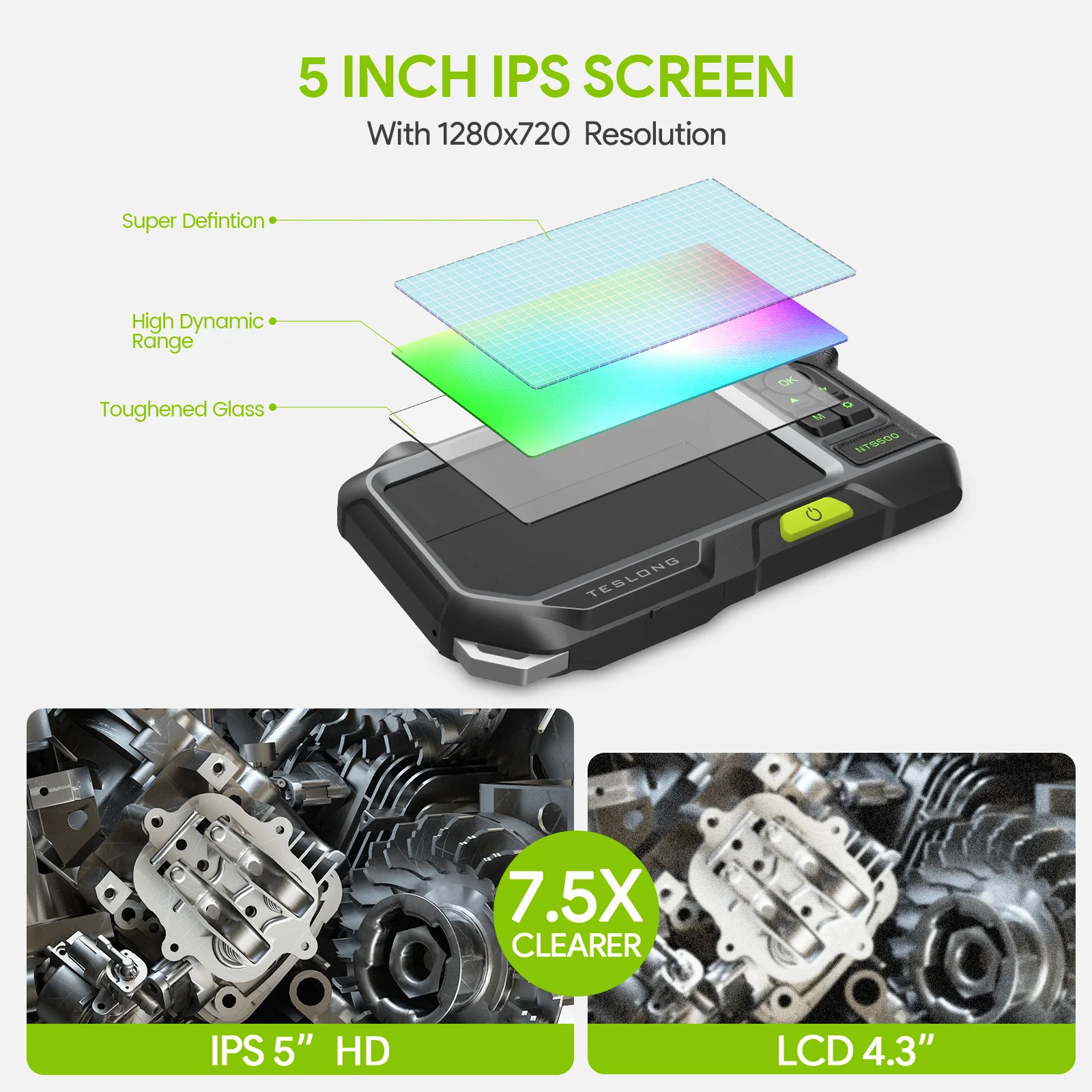Triple Camera Endoscope, Teslong NTS500 5'' IPS Inspection Camera with Front, Side & Short-Focus Three Way Lens- for Auto HVAC