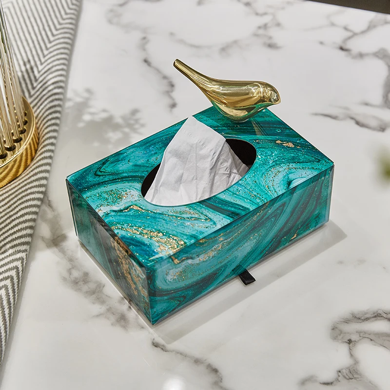 

Flow Gold Glass Tissue Boxes Green Agate Texture Restaurant Napkin Paper Drawer Living Room Tissues Organizer Home Decoration