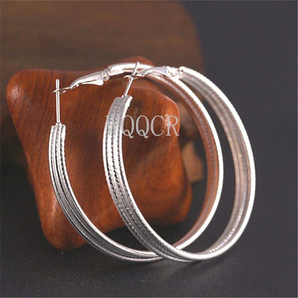 925 Sterling Silver Plated Thick Three-ring Frosted Round 50MM Earrings Classic Fashion Female Engagement Party Earrings Jewelry