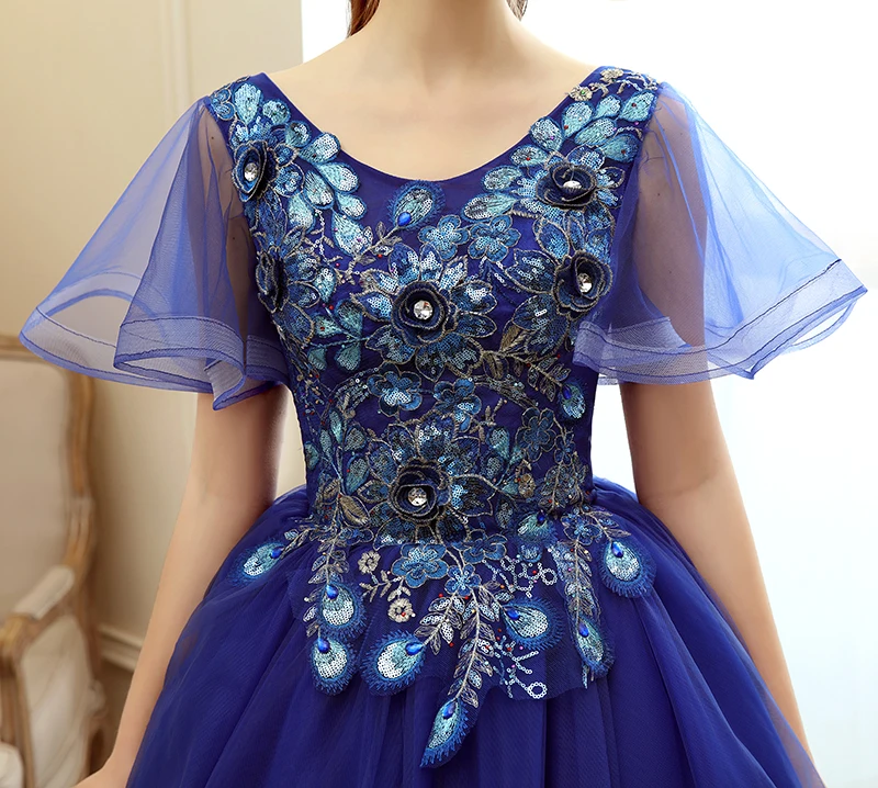 2020 ใหม่สีฟ้า Quinceanera Elegant PARTY PROM O-Neck แขนสั้น Ball Gown ดอกไม้พิมพ์ Quinceanera Vestidos Dresses