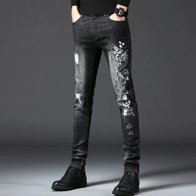 Fashion men's 2020 long pants printing spring and summer embroidery flower jeans men's slim feet men's casual jeans