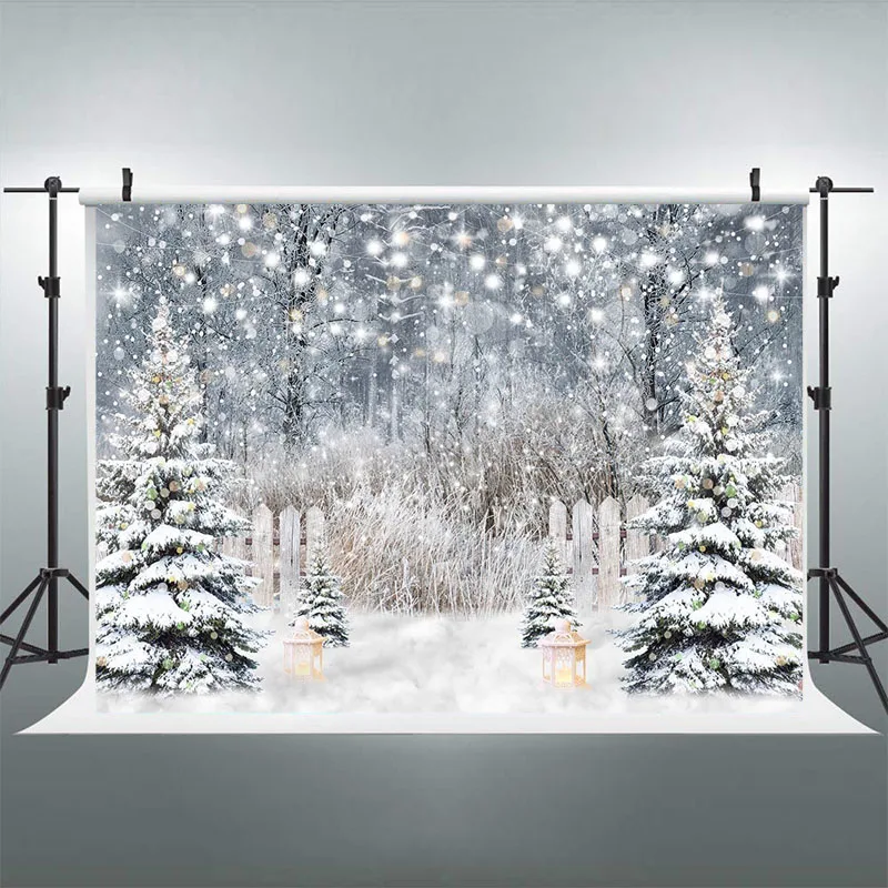 Winter Snow Woodland Christmas Backdrops for Photography Bokeh String Lights Kids Portrait Photo Props Studio Booth Background