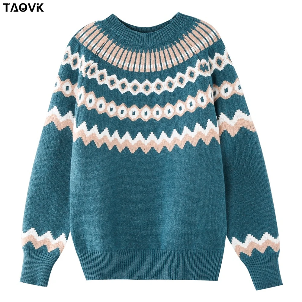 TAOVK Women Sweaters O-neck thick striped Pullovers Female long sleeve Knitting Tops contrast color Sky blue white Sweater