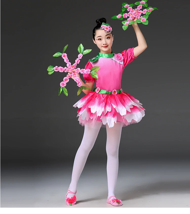 Ropa de baile de escenario para niños, traje con patrón de pétalos de melocotón, jasmine, abanico