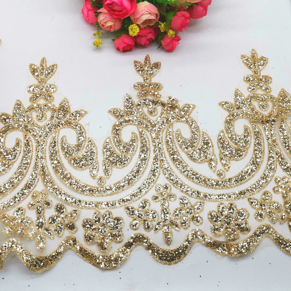 Bronzing Lace Fabric Glitter Gilding Printing Gold Stamp For Bridal Dress Border Scalloped Trims For Dress 22cm