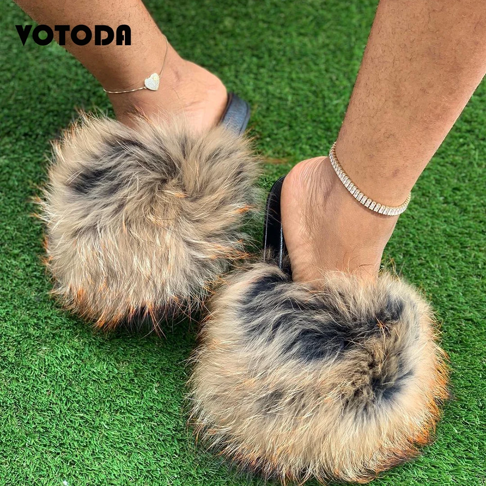 Summer Women Fur Slippers Fluffy Raccoon Fur Slides Girl Furry Fox Fur Sandals Wholesale Cute Flat Home Shoes Flip-Flop Dropship