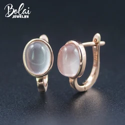 Bolai natural rose quartz earrings solid 925 sterling silver oval 9*7mm pink gemstone fine jewelry for women girl earring gift