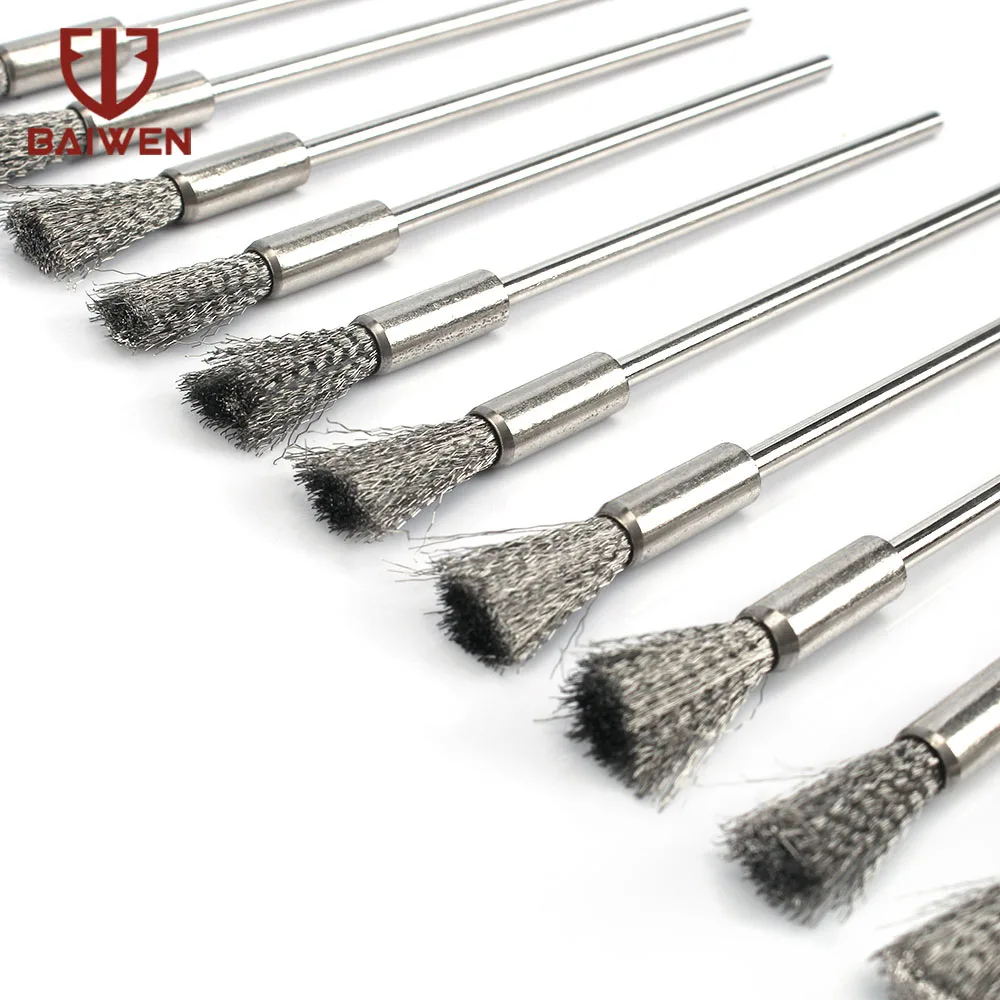 10 Pack Rvs Draad End Borstel Set 3Mm Schacht Messing Pen Vorm Draad Polijsten Borstel Voor Dremel Rotary accessoires