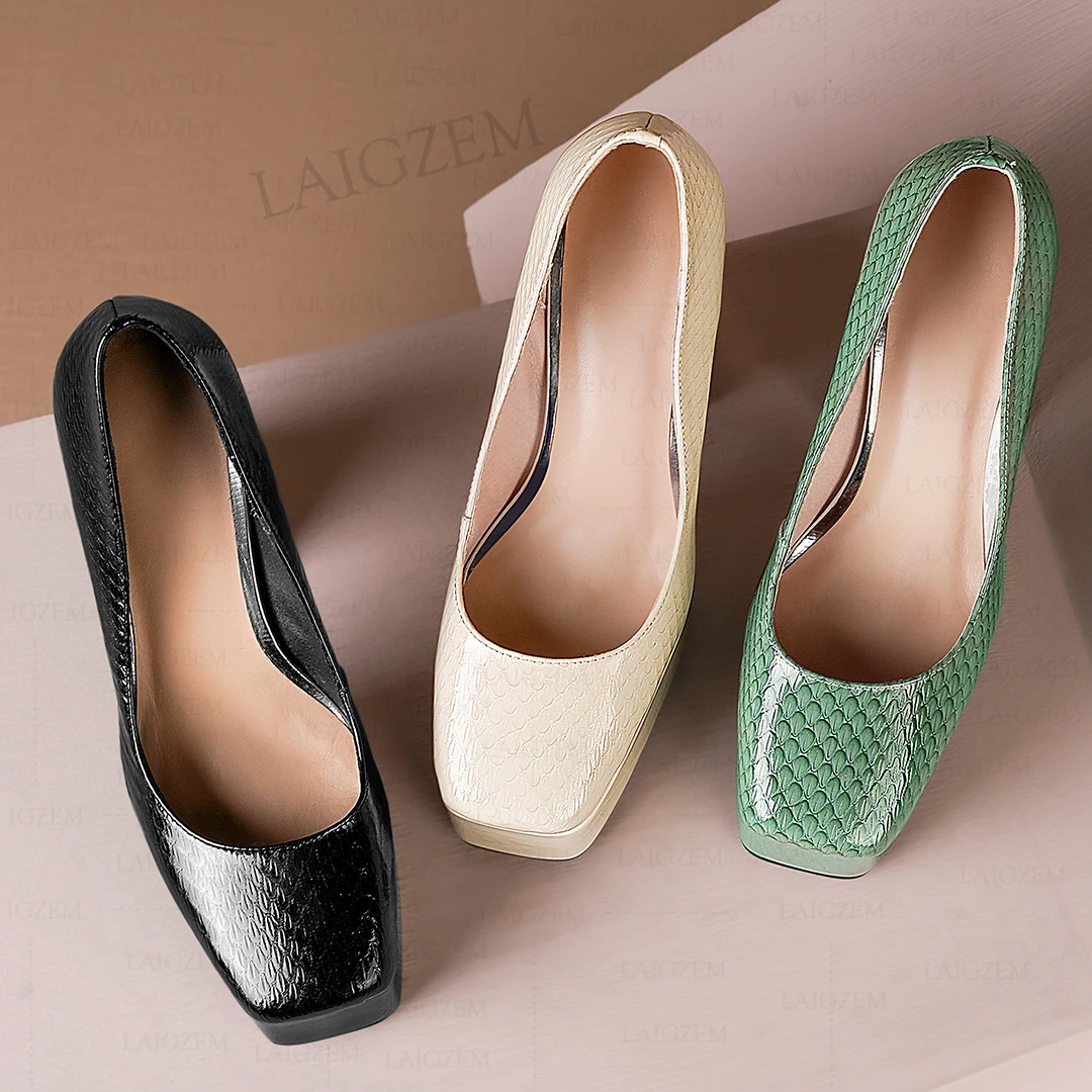 LAIGZEM Women Pumps Slip On Real Leather 13CM Square Toe 13CM Block Heels Sandals Dress Prom Ladies Shoes Woman Size 33 37 38 39