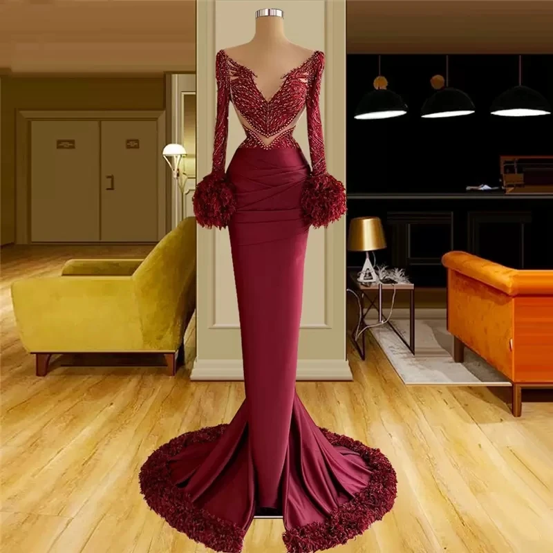 Burgundy Mermaid Evening Dresses 2022 Spring Summer  V Neck Lace Long Sleeves Prom Dresses Sweep Train Saudi Arabia Party Dress