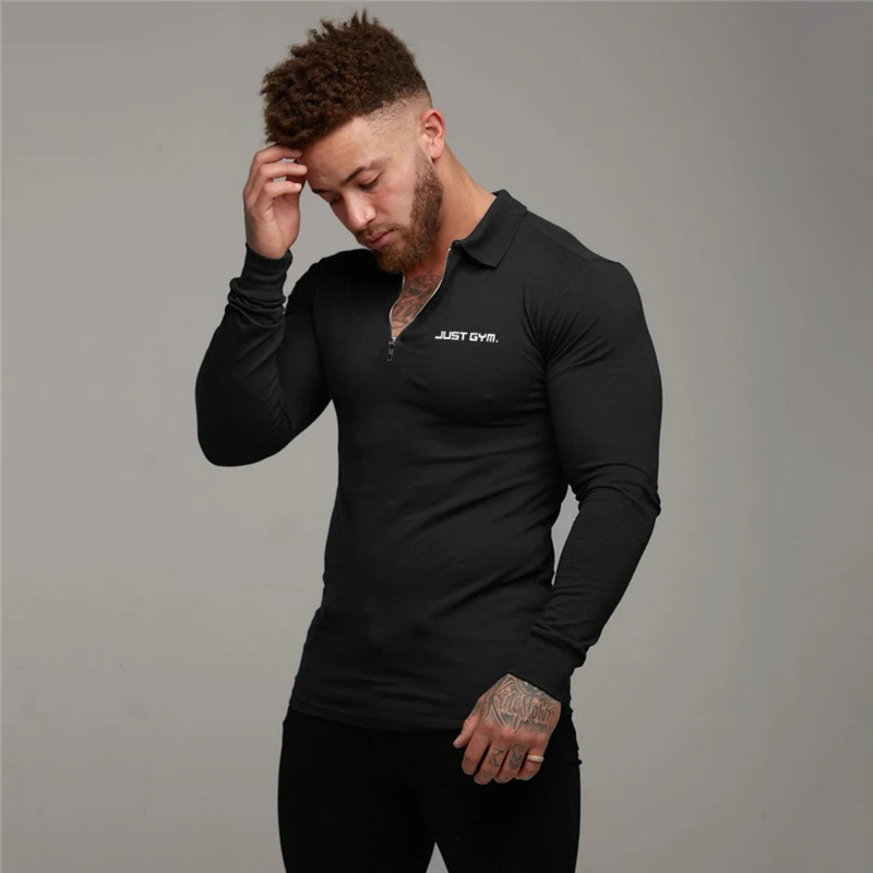 Polo Shirt Mens Gym Clothing Workout Polo Shirts Cotton Breathable Sports Long Sleeve tee Fashion Brand Bodybuilding Men\'s Polos