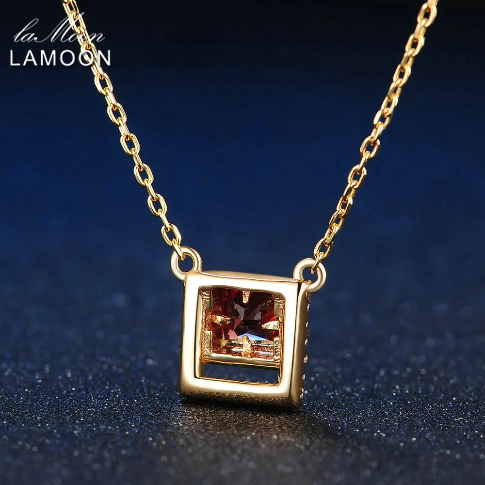 LAMOONสแควร์4Mm 0.25ct 100% สีแดงธรรมชาติGarnet 925เงินสเตอร์ลิงสร้อยคอจี้สร้อยคอS925 LMNI020