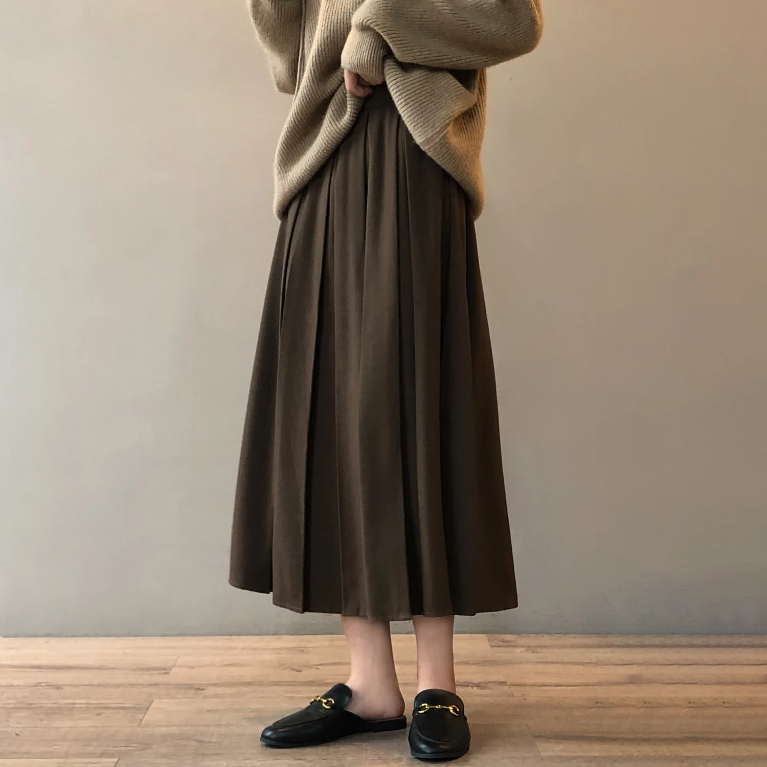 

High Waist Skirt Female 2021 Autumn And Winter New Sweet Loose Mid-length Pleated Skirt DS400