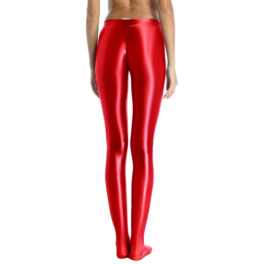 Donne Sexy lucido elastico collant cerniera cavallo Sport Fitness Rave danza collant pantaloni Leggings a vita media