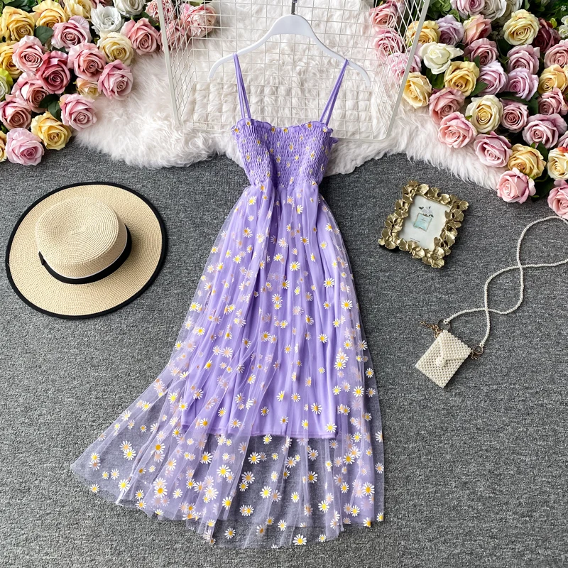 JMPRS Summer Beach Mesh Floral Dress Women Vintage Elegant Sexy Beach Sundress Woman Party Night Korean Kawaii Vestidos