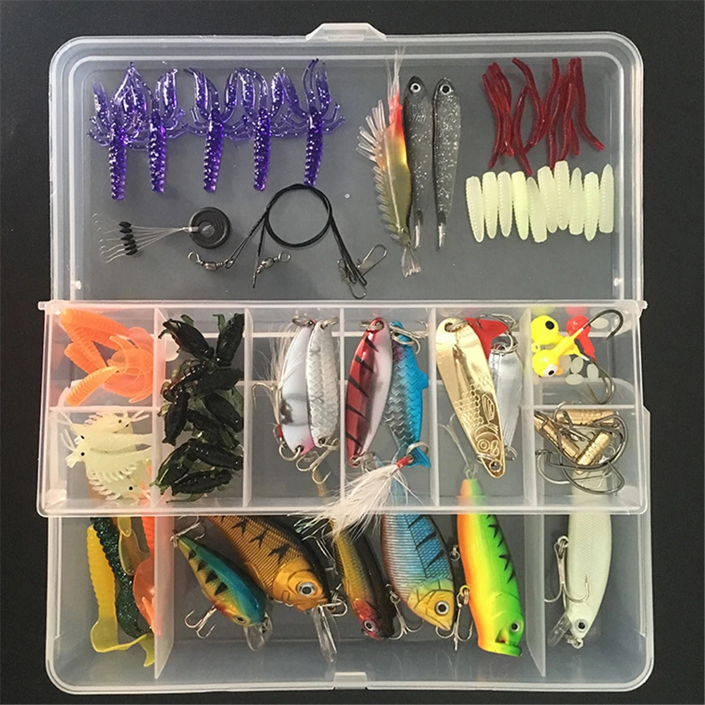 100Pcs/set Multi Fishing Lures Set Wobblers Soft Lure Kit Artificial Hard Bait Minnow Metal Jig Spoon Crankbait Fishing Tackle