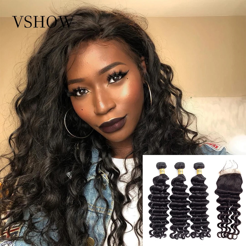 

VSHOW Hair Loose Deep Wave Bundles With Closure 3 Bundles With Closure 100% Brazilian Remy Human Hair Bundles With Closure