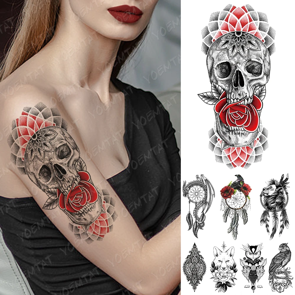 

Waterproof Temporary Tattoo Sticker Red skull dragon lion Tattoos Dreamcatcher Bird Body Art Arm Fake Sleeve Tatoo Women Men