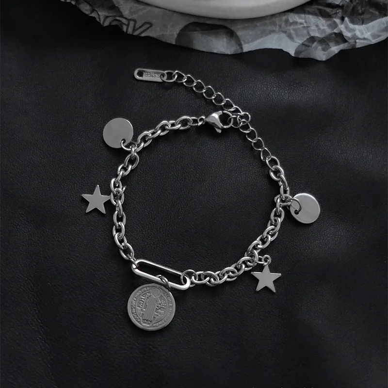 Pulsera religiosa de San Benito para mujer, brazalete de acero inoxidable de 316L con forma de lágrima, cadena de estrellas, pulseras de medalla, joyería