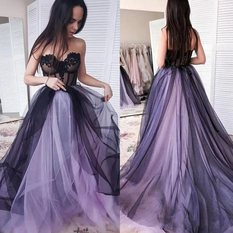 Robes de mariée gothiques violettes et noires, appliques sans bretelles, tulle en dentelle, ligne A, vintage, patients proches, quelle que soit la personnalisation, 2025