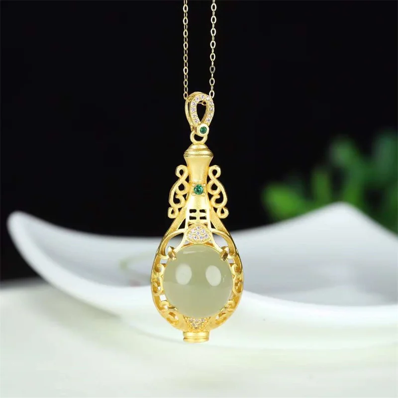 Hot Selling Natural Hand-carved Jade 925silver Gufajin Cyan Vase Necklace Pendant Fashion Jewelry Accessories MenWomen LuckGifts