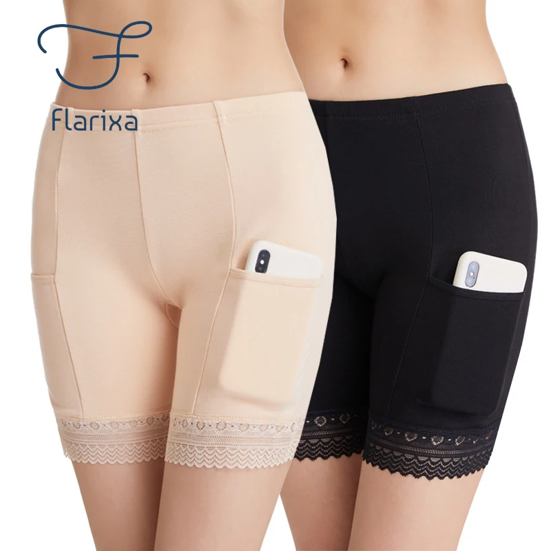 Flarixa Women's Safety Pants Seamless Lace Modal Boxer Briefs With Pockets Anti Friction Shorts Under The Skirt Bottoming Panty