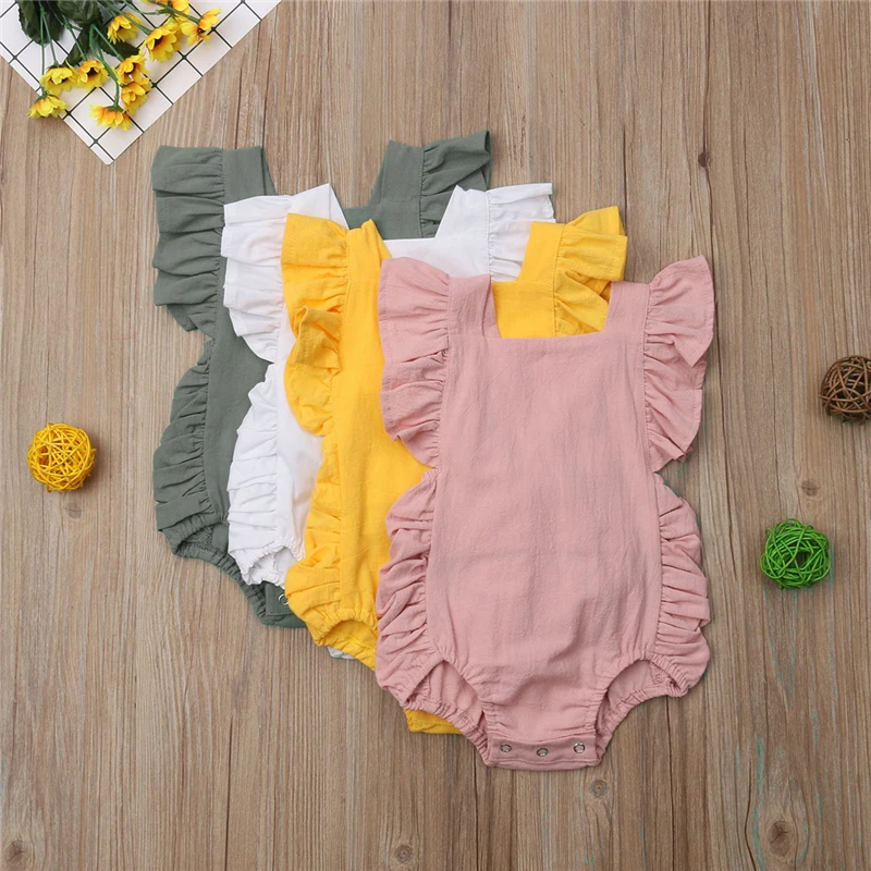 Bebê recém-nascido Ruffled Sem Mangas Backless Romper, Macacão De Cor Sólida, Roupa De Sunsuit, Roupas De Verão, 0-24M