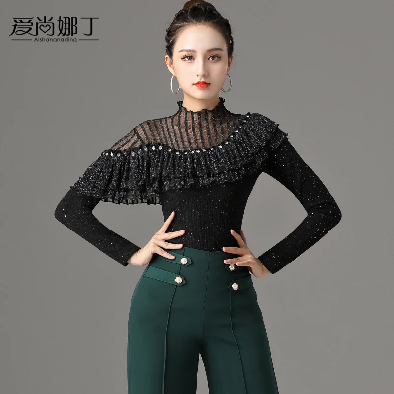 

2021 new Latin dance female winter shirt waltz modern dance long sleeves Latin dance clothes