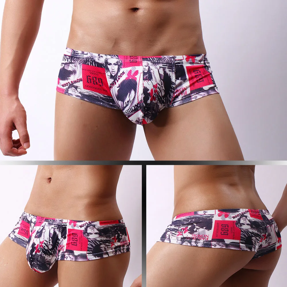 Male Panties Breathable Boxers Ice Silk Men Underwear U Convex Pouch Sexy Underpants Printed Leaves Homewear Shorts