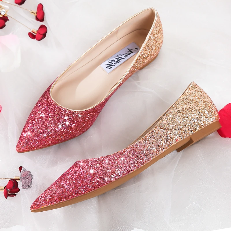 Wedding Shoes Flat Heel Sequins Bling Bling Flats Bride Shoes Gold Silver Pointed Toe Slip on Lazy Shoes Plus Large Size 33-44