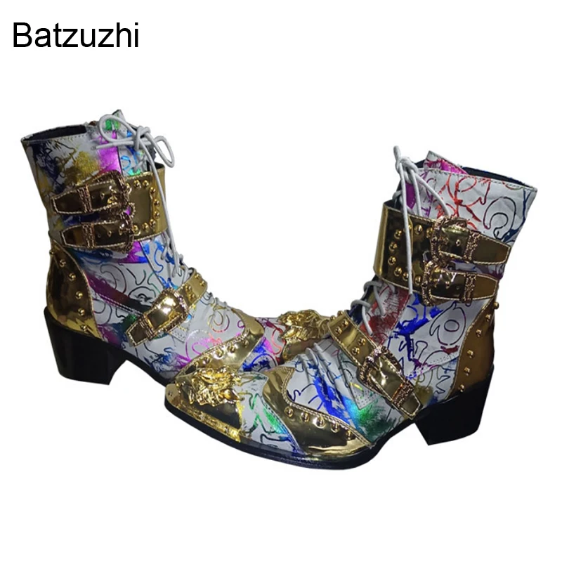 Batzuzhi Color Leather Ankle Men\'s Boots Western Cowboy Boots Men Pointed Metal Toe Lace-up 6.5cm Heels Motorcycle/Biking Boots