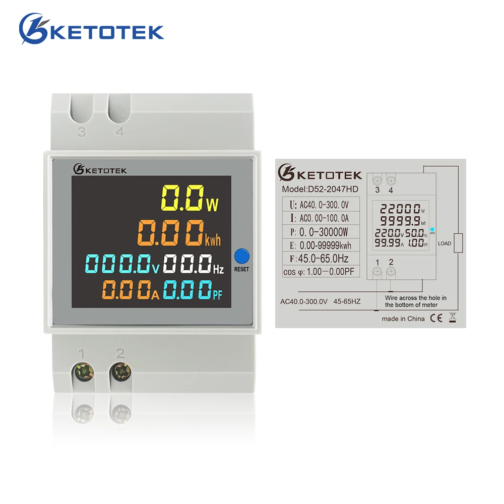 Din Rail Digital 0-100A Ammeter AC 40-300V Voltmeter LCD Display Amp Volt Energy Power Meter Active Watt Meter